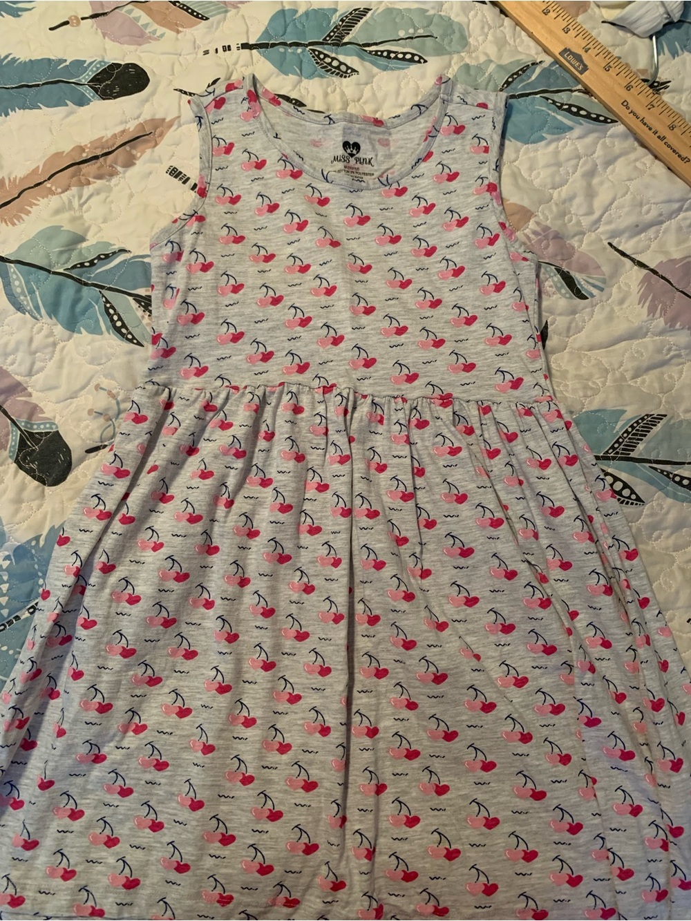 Girls Sleeveless Cherry Print Dress - Pink on Heather Gray
